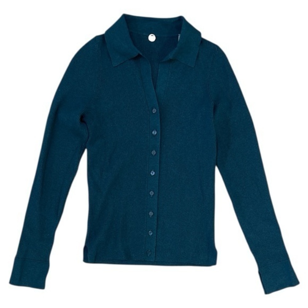 Margaret O’Leary Ribbed Polo Cardi Dark Blue Green Teal Size Small